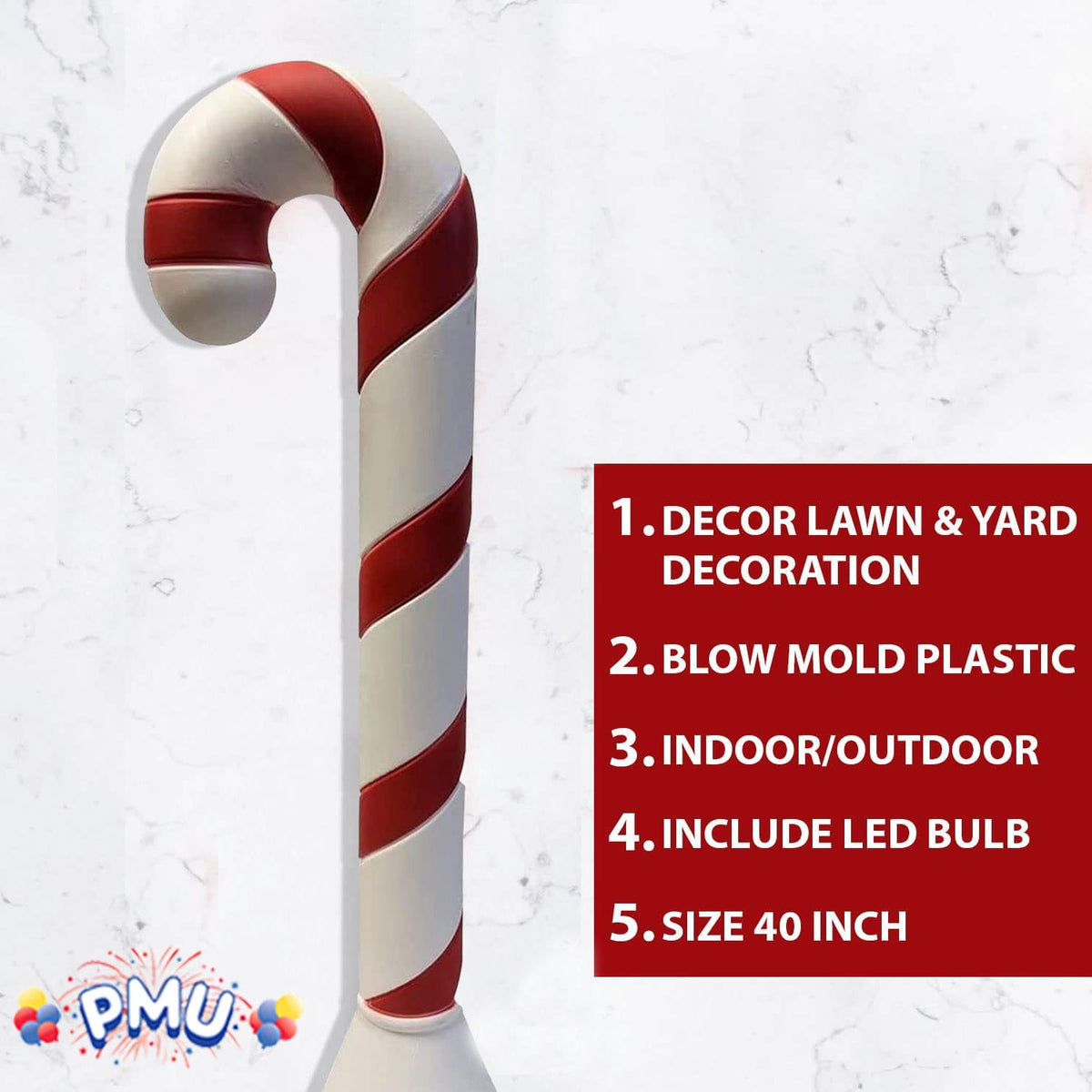 PMU Christmas Light-Up 6 Pcs Candy Cane - Blow Mold Plastic Statue Illuminated with 6' Cord and Light, Traditional Christmas Party Favor, Perfect Home, Lawn, Yard and Garden Decor, 40 Inch Candy Cane