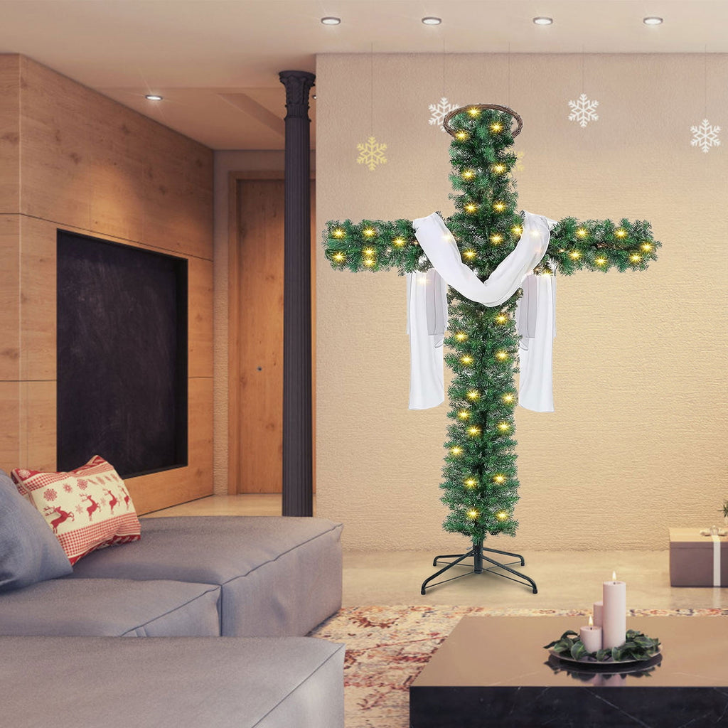 6Ft Cross Christmas Tree,Foldable Cross Christmas Tree,Christmas Tree Shaped Like a Cross,Pre-Lit Artificial Pine Christmas Cross,with 50 LED Light and Silk Scarf Wood Rattan Ring