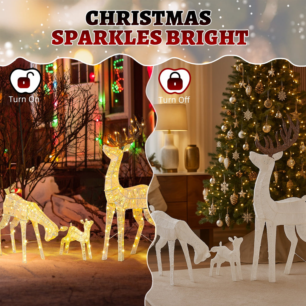 Christmas Decoration for Outdoor, Golden Lighted Christmas Deer Reindeer Family Set, 3 PCS Christmas Ornament with 280 Warm Lights, for Yard Patio Garden Party Home Decor