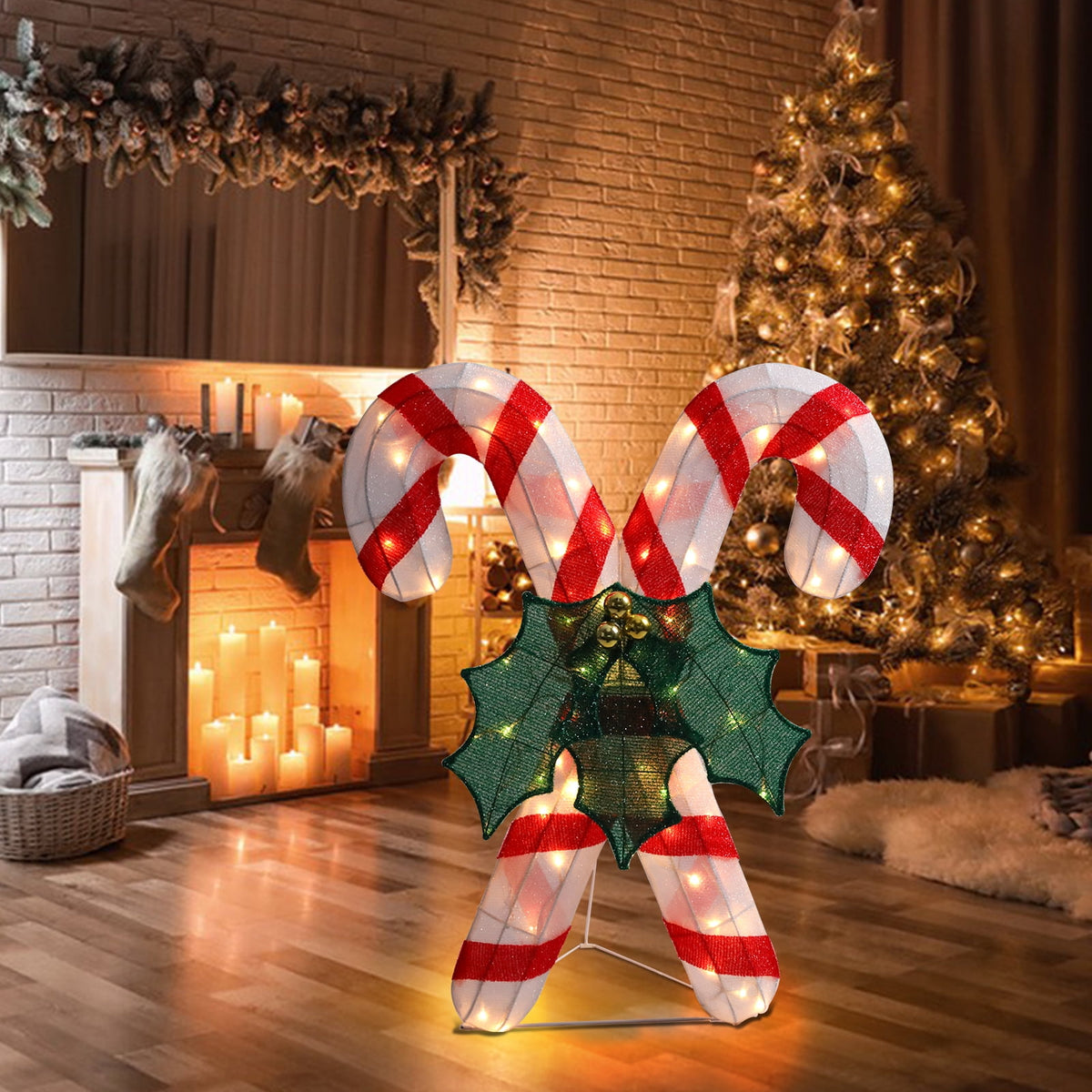 Lighted Christmas Candy Canes Tinsel Decoration,Pre-lit Light Up With Warm LED Light,Christmas Decoration for Indoor Outdoor,Holiday Decoration