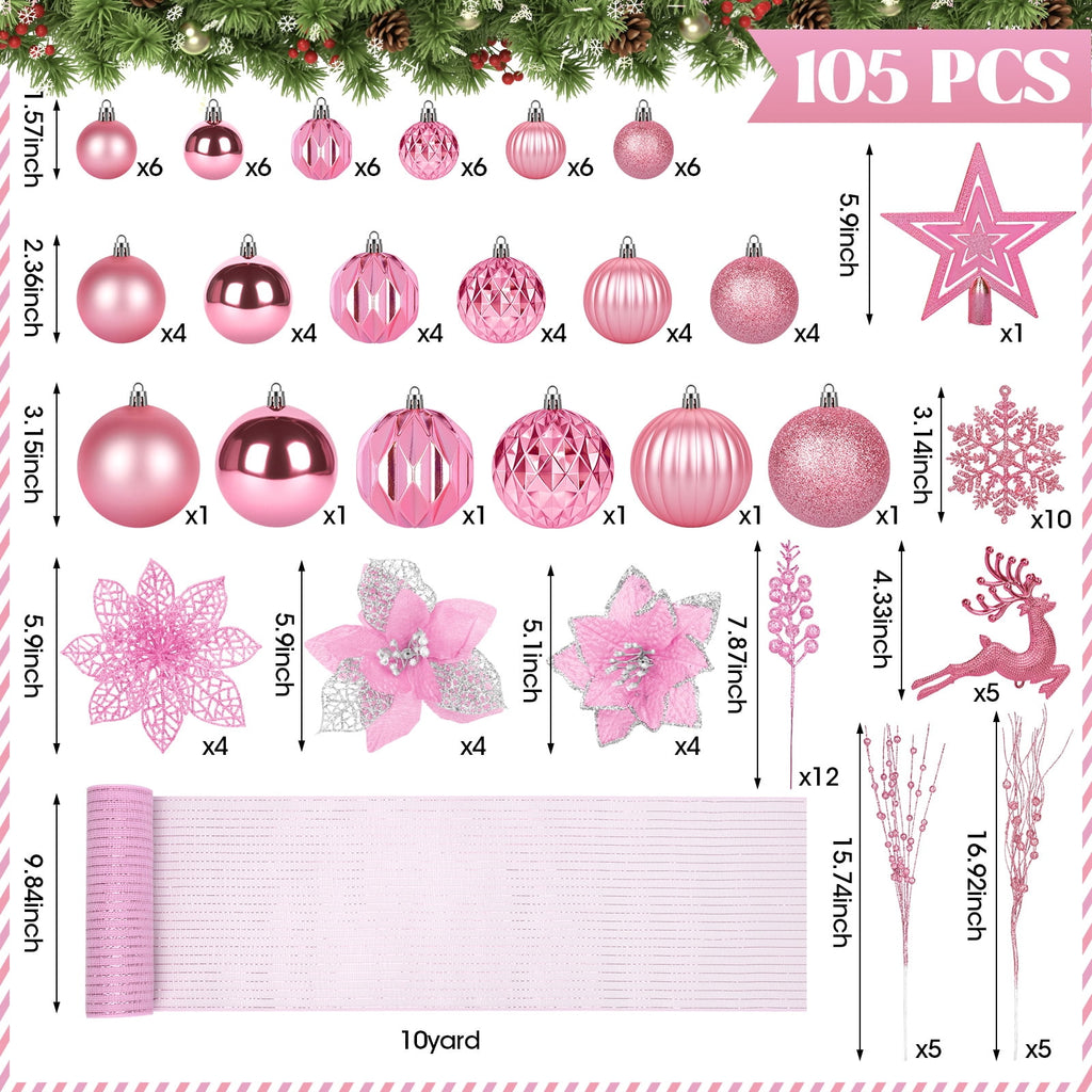 Leyaron Christmas Tree Ornaments, 105PCS Christmas Balls Set with Star Poinsettia Flower Berries Stems for Trees Holiday Xmas Decor, Pink