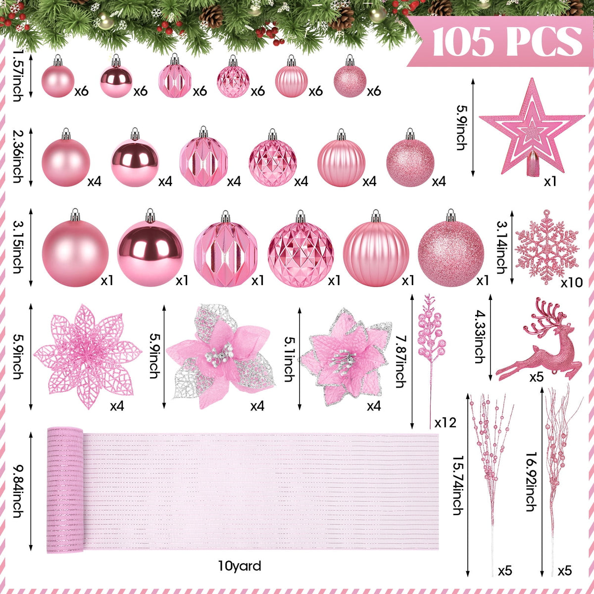 Leyaron Christmas Tree Ornaments, 105PCS Christmas Balls Set with Star Poinsettia Flower Berries Stems for Trees Holiday Xmas Decor, Pink