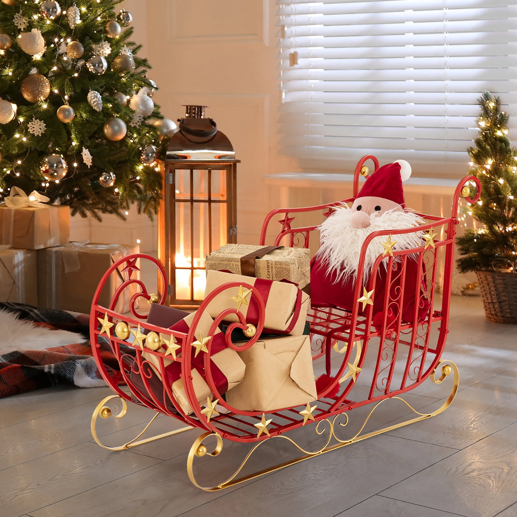 Gymax Christmas Metal Sleigh Large Red Santa Sleigh Decoration w/ Big Loading Area for Gifts