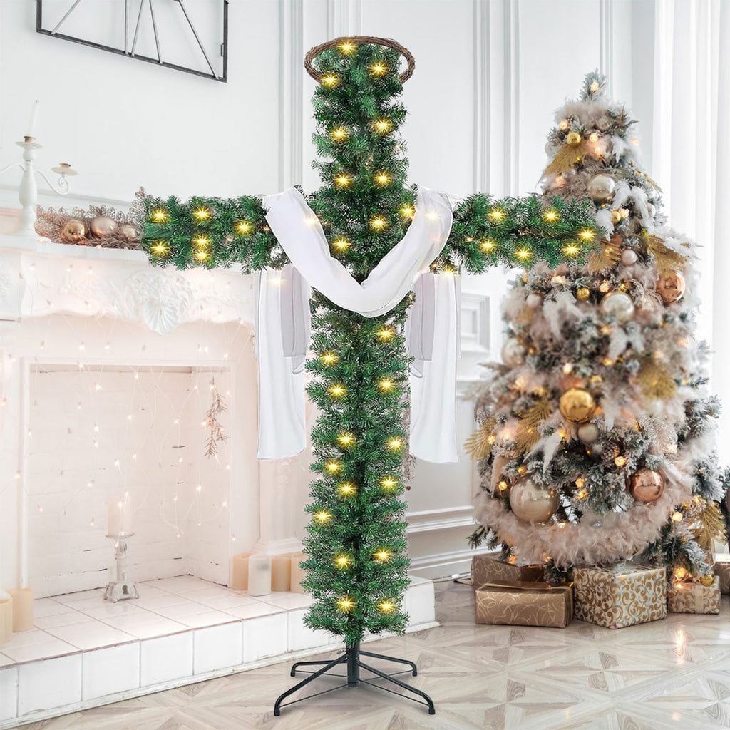  6Ft Cross Christmas Tree,Foldable Cross Christmas Tree,Christmas Tree Shaped Like a Cross,Pre-Lit Artificial Pine Christmas Cross,with 50 LED Light and Silk Scarf Wood Rattan Ring