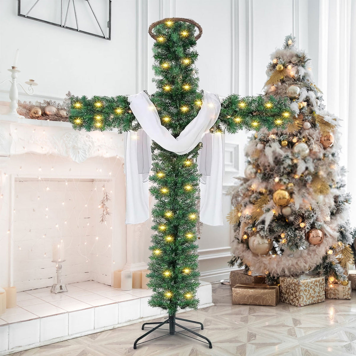  6Ft Cross Christmas Tree,Foldable Cross Christmas Tree,Christmas Tree Shaped Like a Cross,Pre-Lit Artificial Pine Christmas Cross,with 50 LED Light and Silk Scarf Wood Rattan Ring