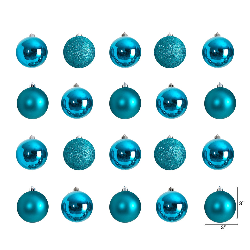Nearly Natural Teal Plastic Holiday Christmas 3" Shatterproof Ornament Set, 20 Count