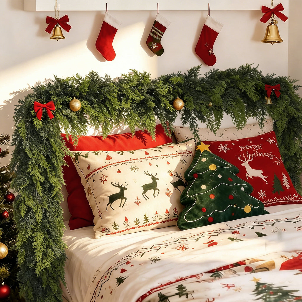 -2Pcs 9 FT Artificial Cedar Garlands, Real Touch Winter Cedar Pine Garland, Green Artificial Greenery Garland for Table, Mantle, Wall, Indoor, Outdoor Christmas Decorations