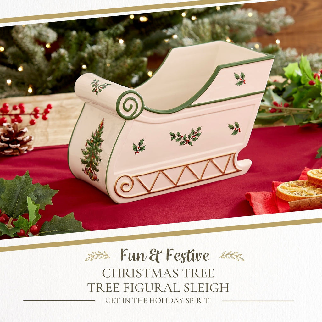Spode Christmas Tree Figural Sleigh, 7.5" Dolomite Decorative Holiday Sleigh for Christmas Table Decor, Candy Holder, Snack Dish - Holiday Serveware & Festive Christmas Decorations