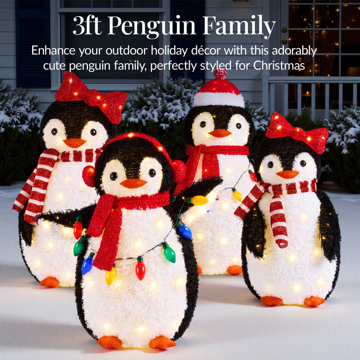  4-Piece Lighted 3ft Pop-Up Penguin Family Outdoor Christmas Decoration w/ 300 LED Lights - Red