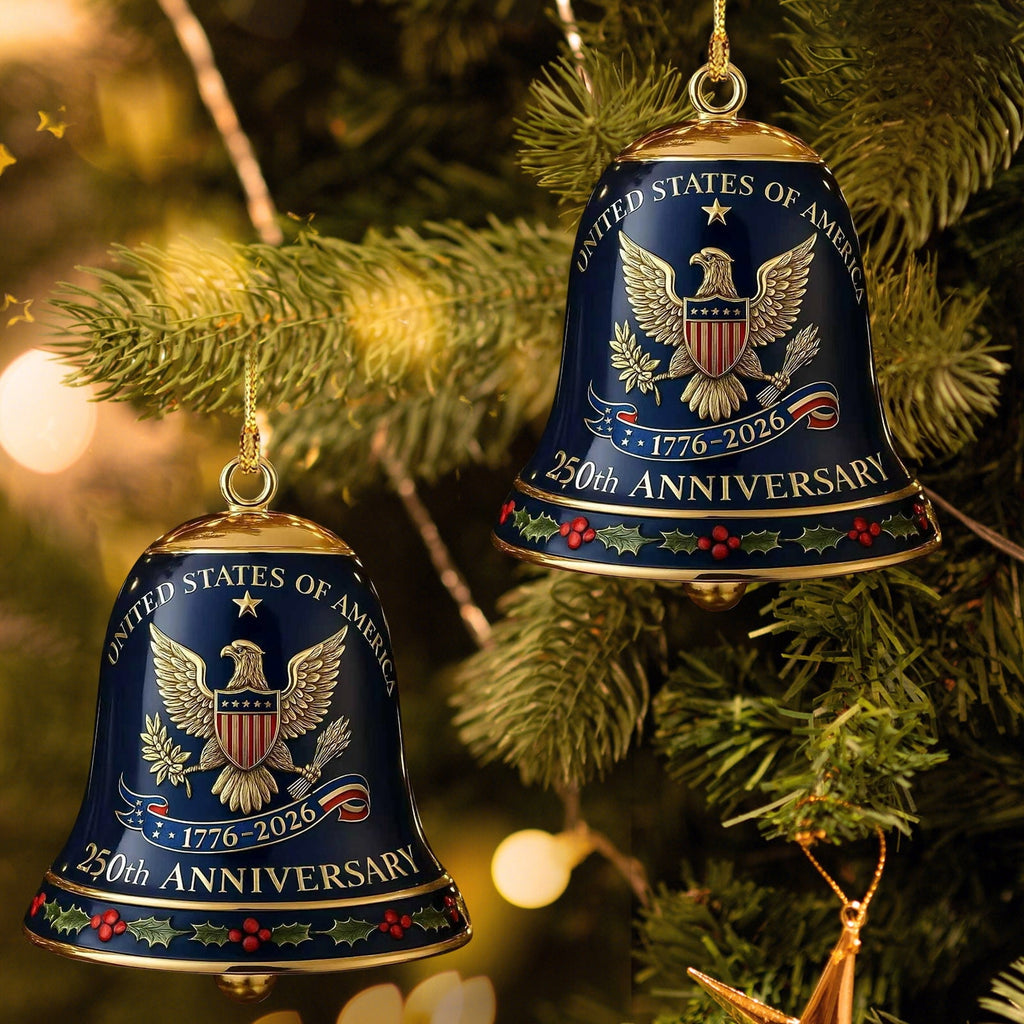 United States 250th Anniversary Bell Ornament, 250th Anniversary Metal Bell Ornament �?? 1776-2026 Red & Gold Patriotic Christmas Tree Hanging Decor, Shatterproof Holiday Ornament Gift (2PCS)