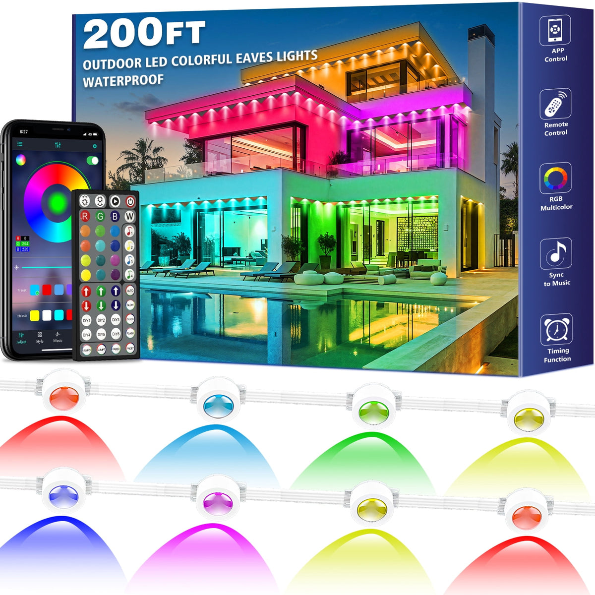 200FT Permanent Outdoor RGB Lights, IP67 Waterproof Eaves Lights with Smart App & Remote Control, DIY Scene Modes & Music Sync, Color Changing String Lights for Garden, Patio, Deck, Christmas Holiday