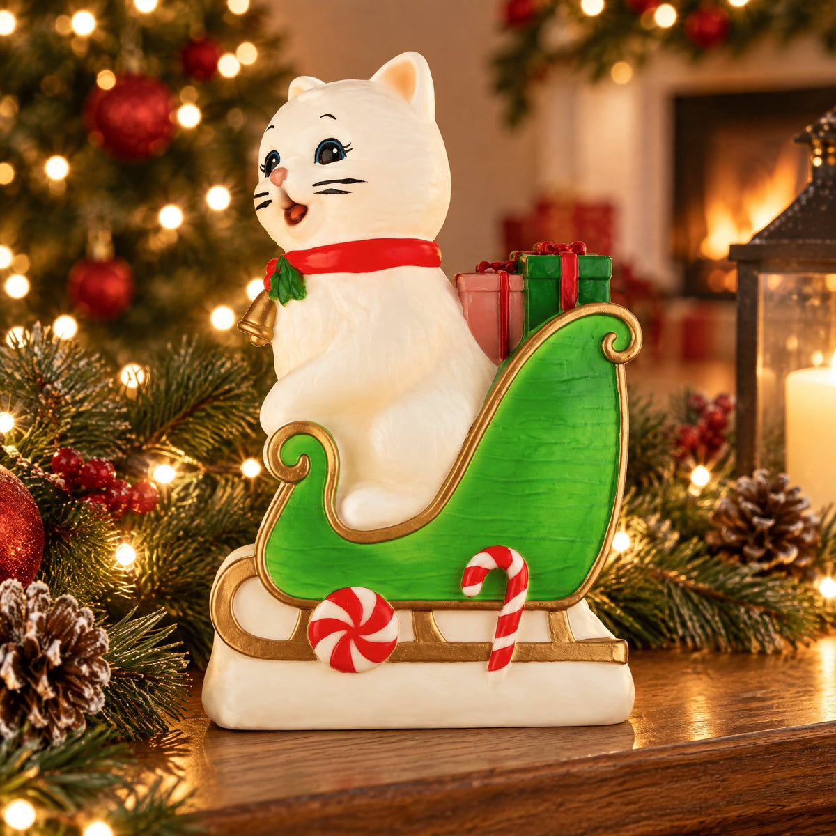 Lighted Blow Mold Cat in Sleigh Indoor/Outdoor Christmas Decoration, Multicolor, 24", by 