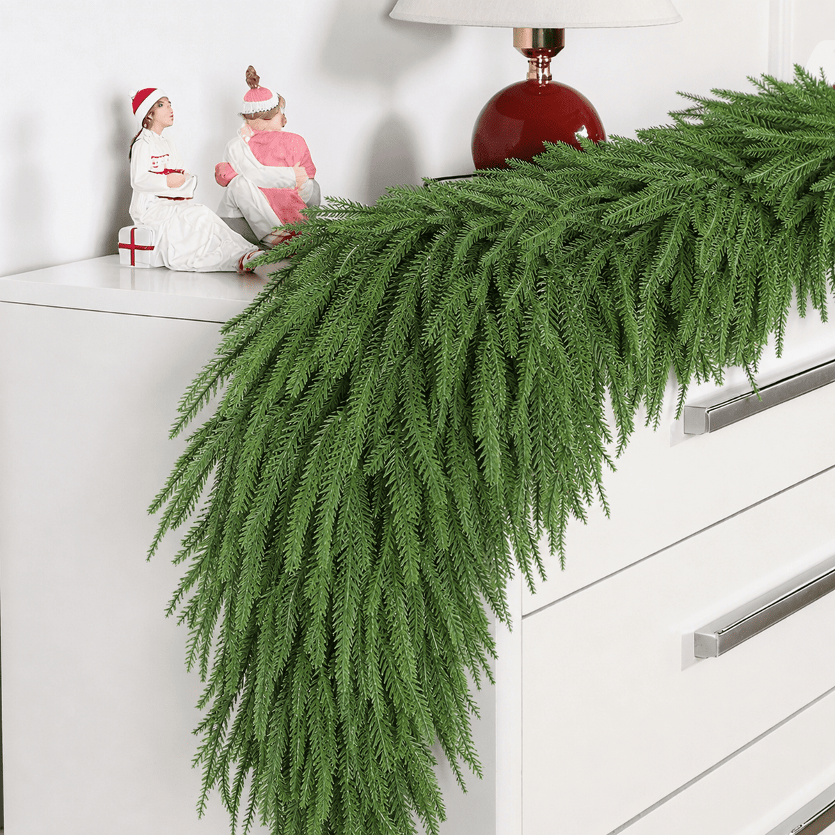  2Pcs 9FT Real Touch PE Christmas Garland, Artificial Norfolk Pine Garland for Mantel, Stair Railing, Christmas Tree, Xmas Decoration for Indoor & Outdoor, Green