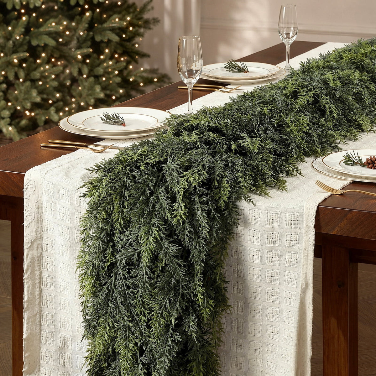  2Pcs 6FT Artificial Christmas Cedar Garland, Realistic Faux Cypress Greenery Garland for Mantel, Stair Railing, Christmas Tree, Perfect Choice for Xmas Decoration