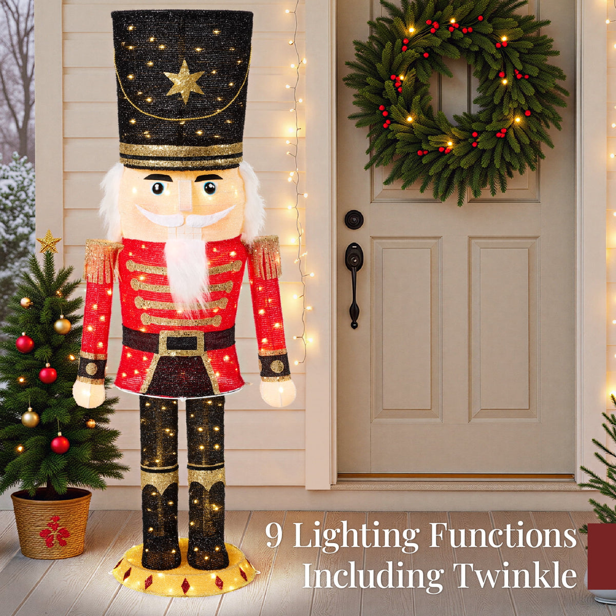 Christmas Nutcracker 5ft Pop upLighted Large Holiday Decoration w/150 Pre-Lit Twinkling LED lights for Outdoor, Indoor - Red/Black