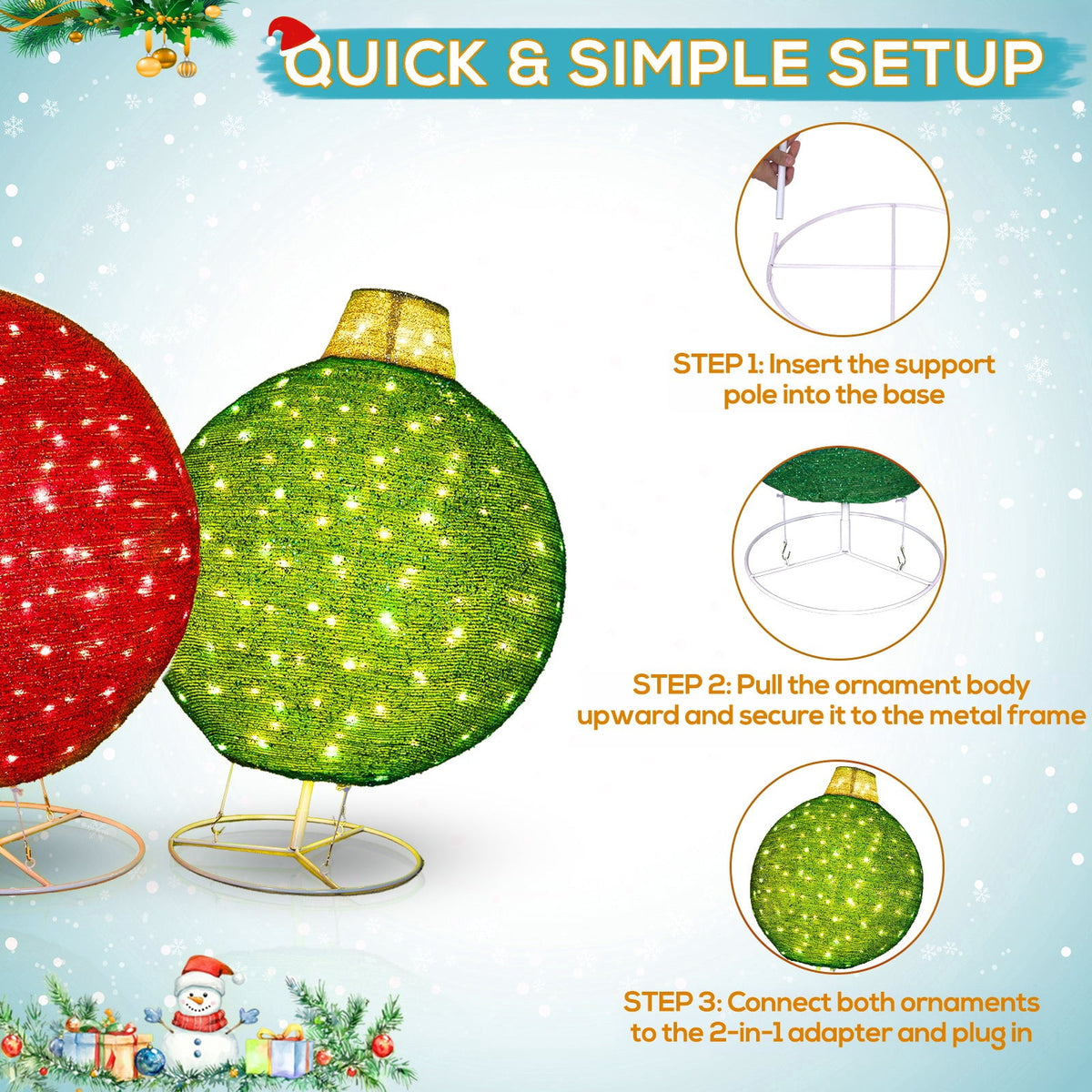 Vivatrees 2 Piece Christmas Ornament Decoration Iron Pop-up Hanging w/230 LED Light Assorted Colors for Xmas Outdoor Holiday - 30" & 24" Set