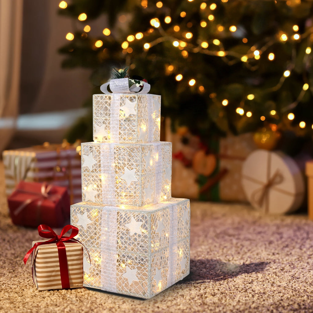 Set of 3 Christmas Lighted Gift Boxes Decorations, Seizeen Indoor Outdoor Xmas Decor with 60 Warm LED Lights, Home Room Garden Christmas Tree Decoration