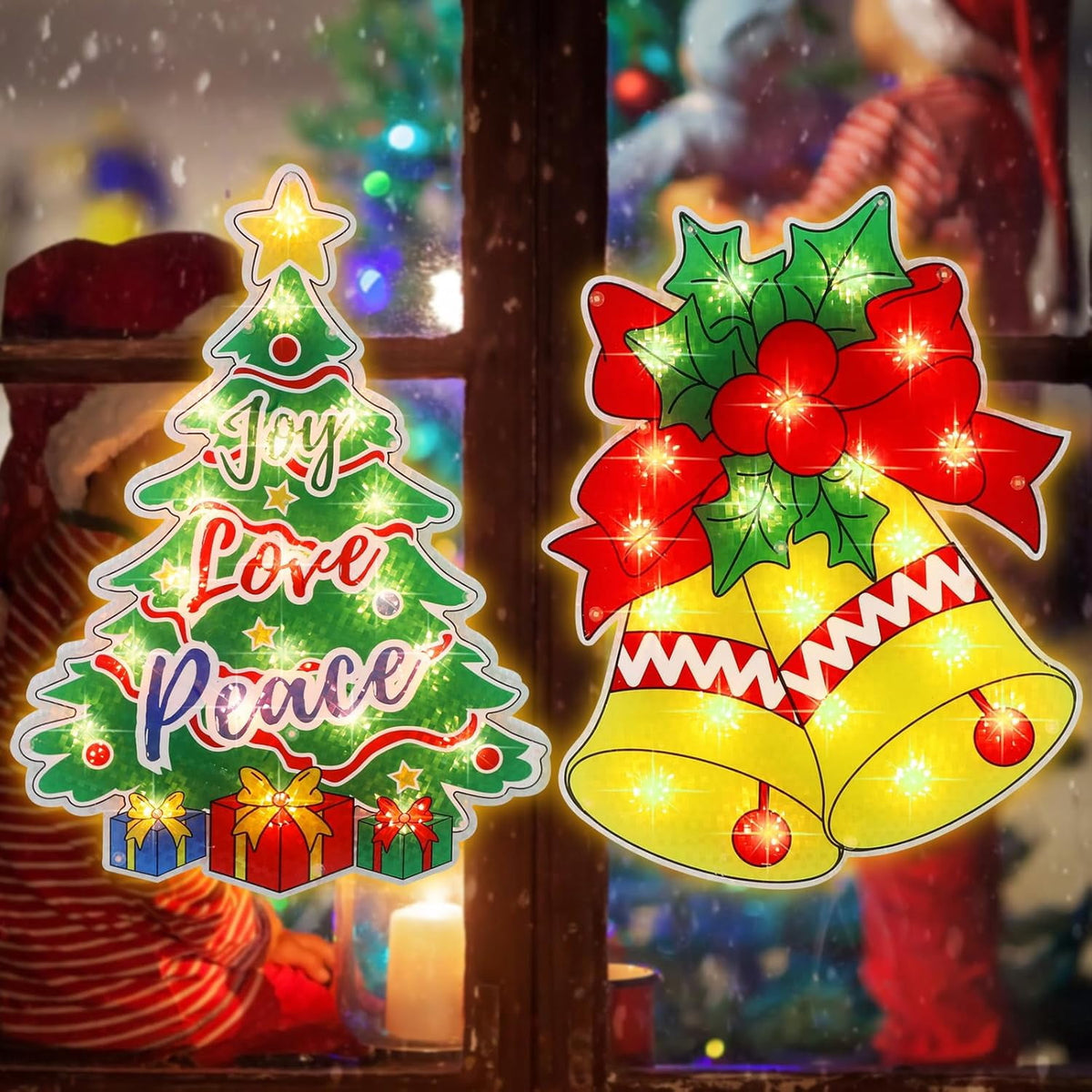2 Pack Lighted Christmas Tree and Bells Christmas Window Silhouette Lights Decorations,Window Sculpture Decoration for Christmas,Party,Home,Patio Lawn,Garden