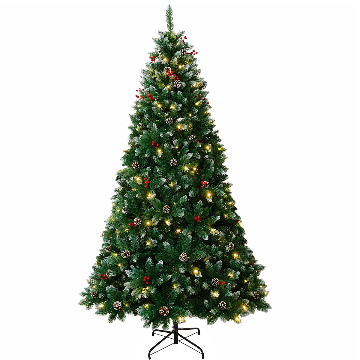 Yexmas 7.5FT Pre-Lit Christmas Tree with Pinecones and Red Berries,Artificial Green Xmas Tree with Large Storage Bag for Home, Office, Party Decoration
