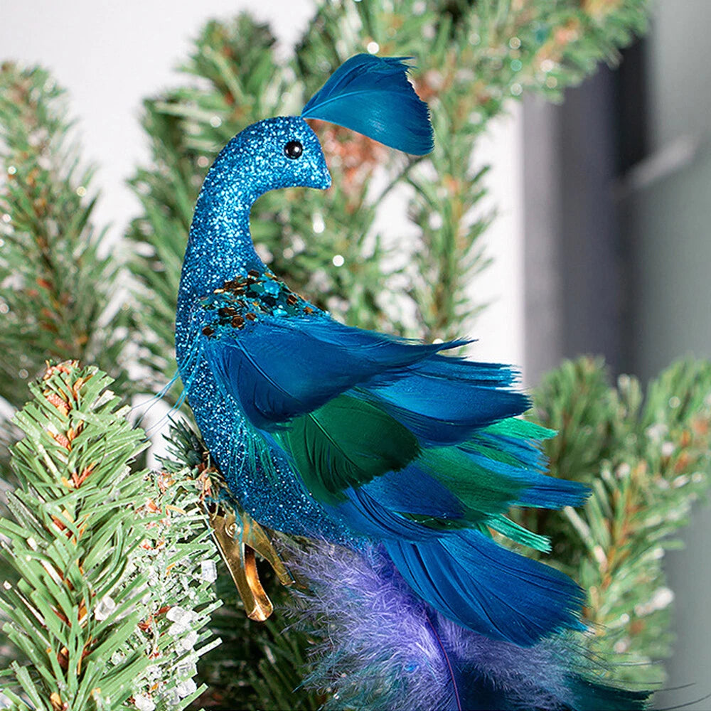 TOPCHANCES Glitter Peacock Ornaments with Clips, 19" Blue Christmas Tree Decoration Xmas Ornament Home Party Decor (8 Pack)