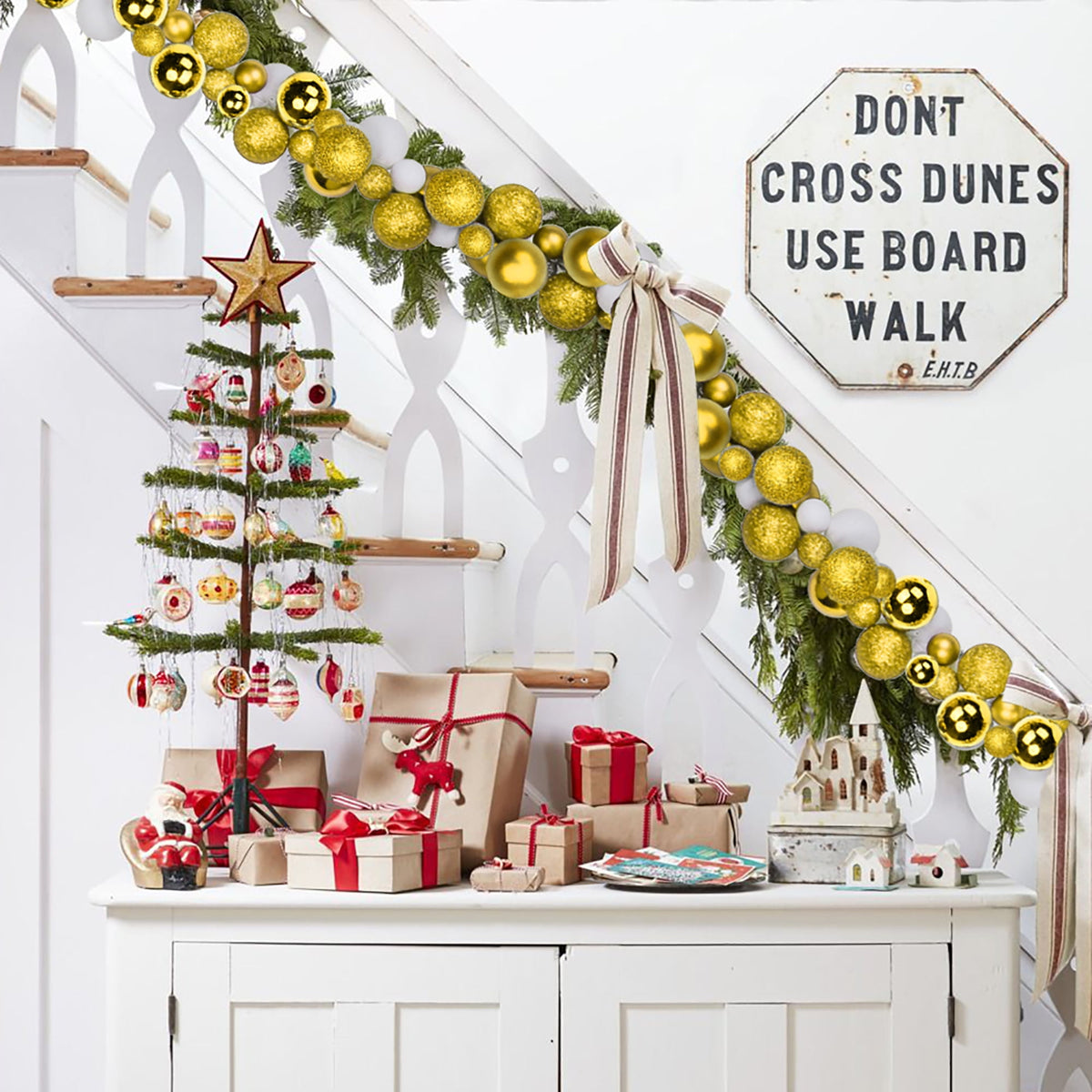 GnFlus 6Ft Christmas Ball Garland Ornaments Shatterproof Xmas Hanging Balls Holiday Party Wedding Christmas Tree Home Decor White & Gold