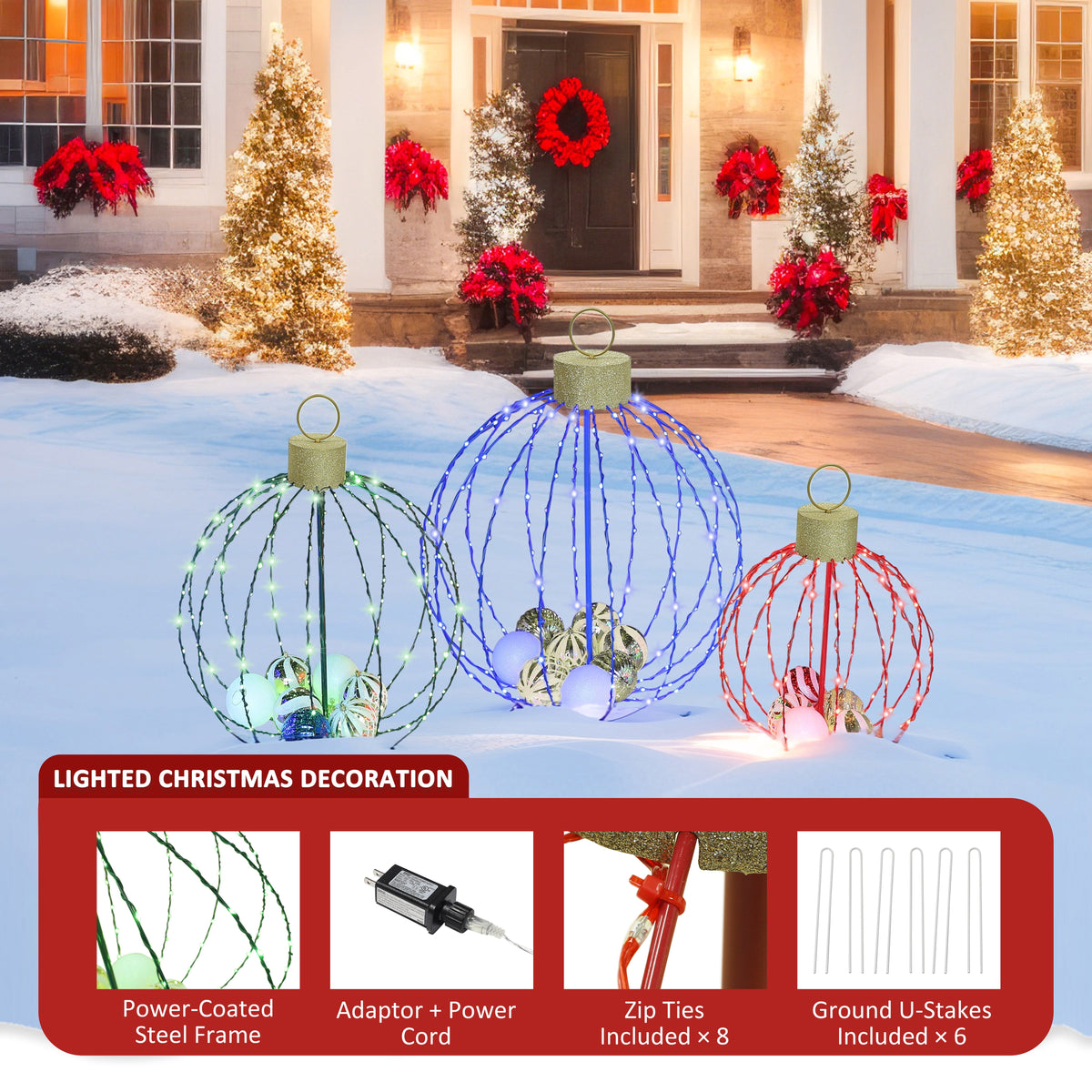 VEIKOUS 3 Pcs Christmas Metal Sphere Lights W/20 Mini Balls Ornament Inside for Holiday Decoration