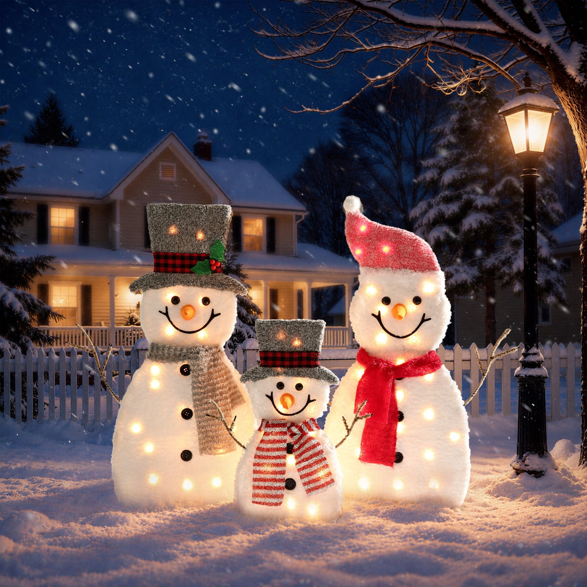 DEORAB Outdoor Christmas Lighted Snowman Decorations 2D 3-Piece Holiday Garden Lawn Yard Light-up Xmas Decor,70LED Lights