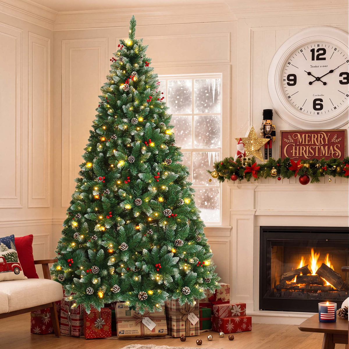 Yexmas 7.5FT Pre-Lit Christmas Tree with Pinecones and Red Berries,Artificial Green Xmas Tree with Large Storage Bag for Home, Office, Party Decoration