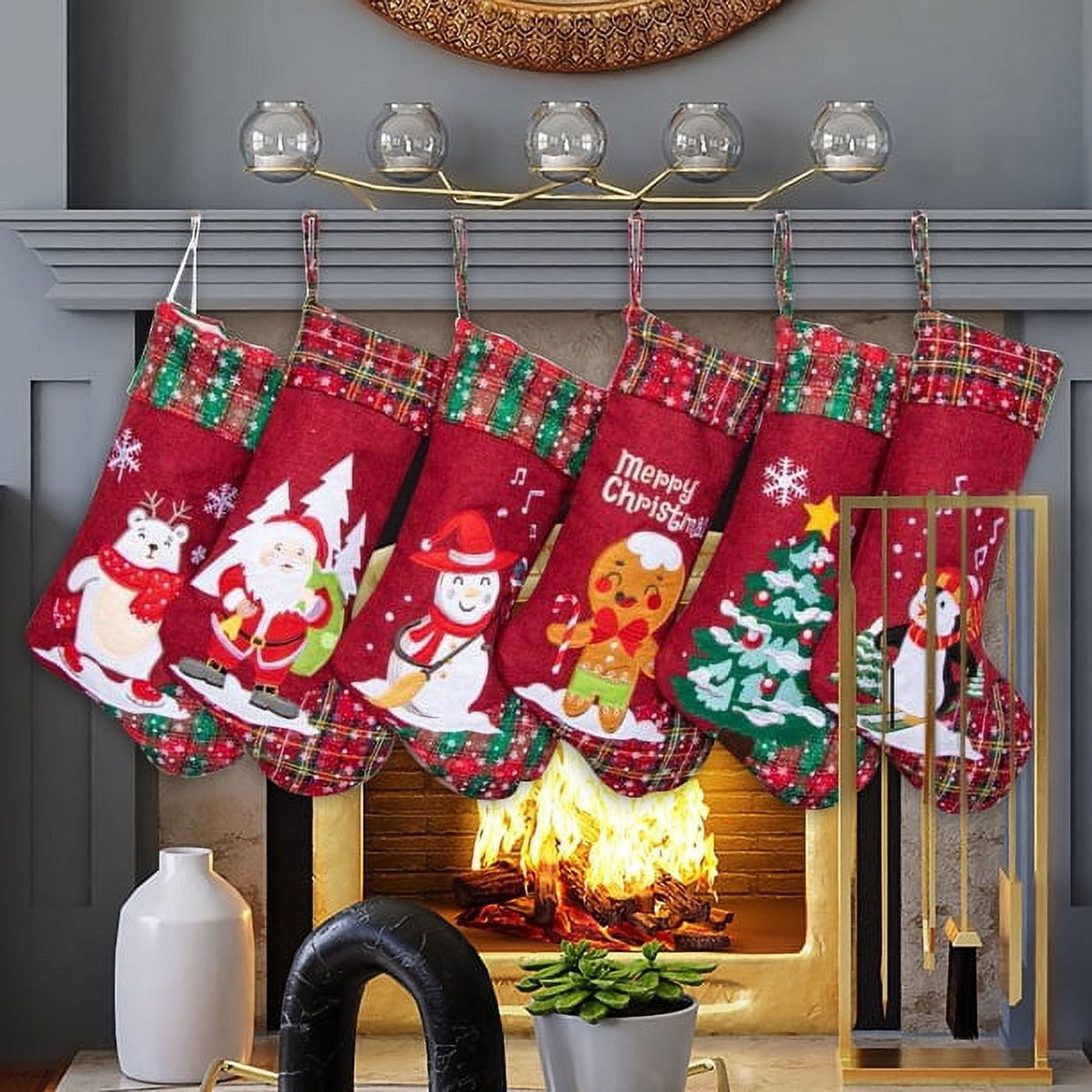 Christmas Stockings GEX 21" 2025 Embroidered Linen Applique Burlap Fireplace Hanging Christmas Ornament for Family Decorations Holiday Xmas Gift New 6 Pack