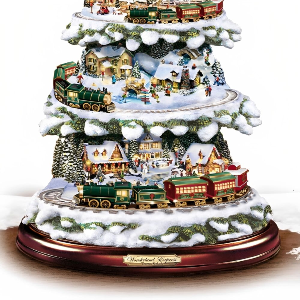 The Bradford Exchange Thomas Kinkade Wonderland Express Christmas Tree Decoration With Santa Sleigh Topper Lights Moving Train and Music With 8 Beloved Xmas Carols 16"-Inches
