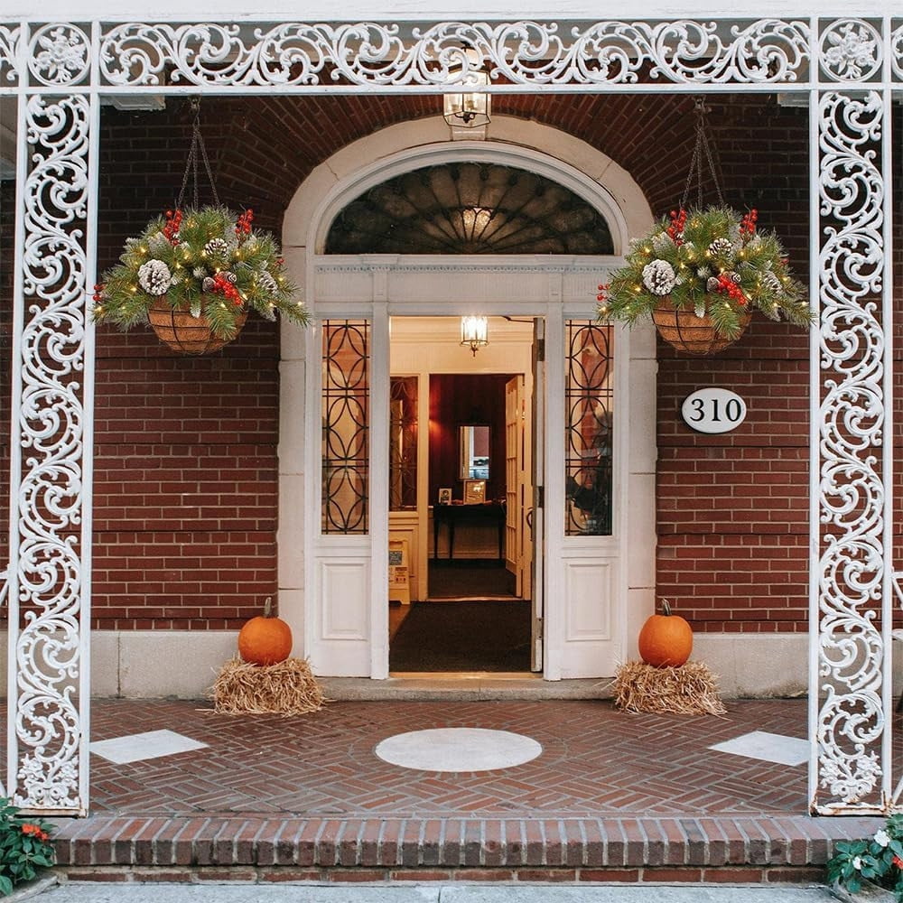 Chanana 2026New Pre-Lit Artificial Christmas Hanging Basket, Outdoor Decoration with Pine Red Berries Pinecones, Festive Planter LED Lights for Porch, Front Door, Home, Garden, Patio, Lawn (2PC)