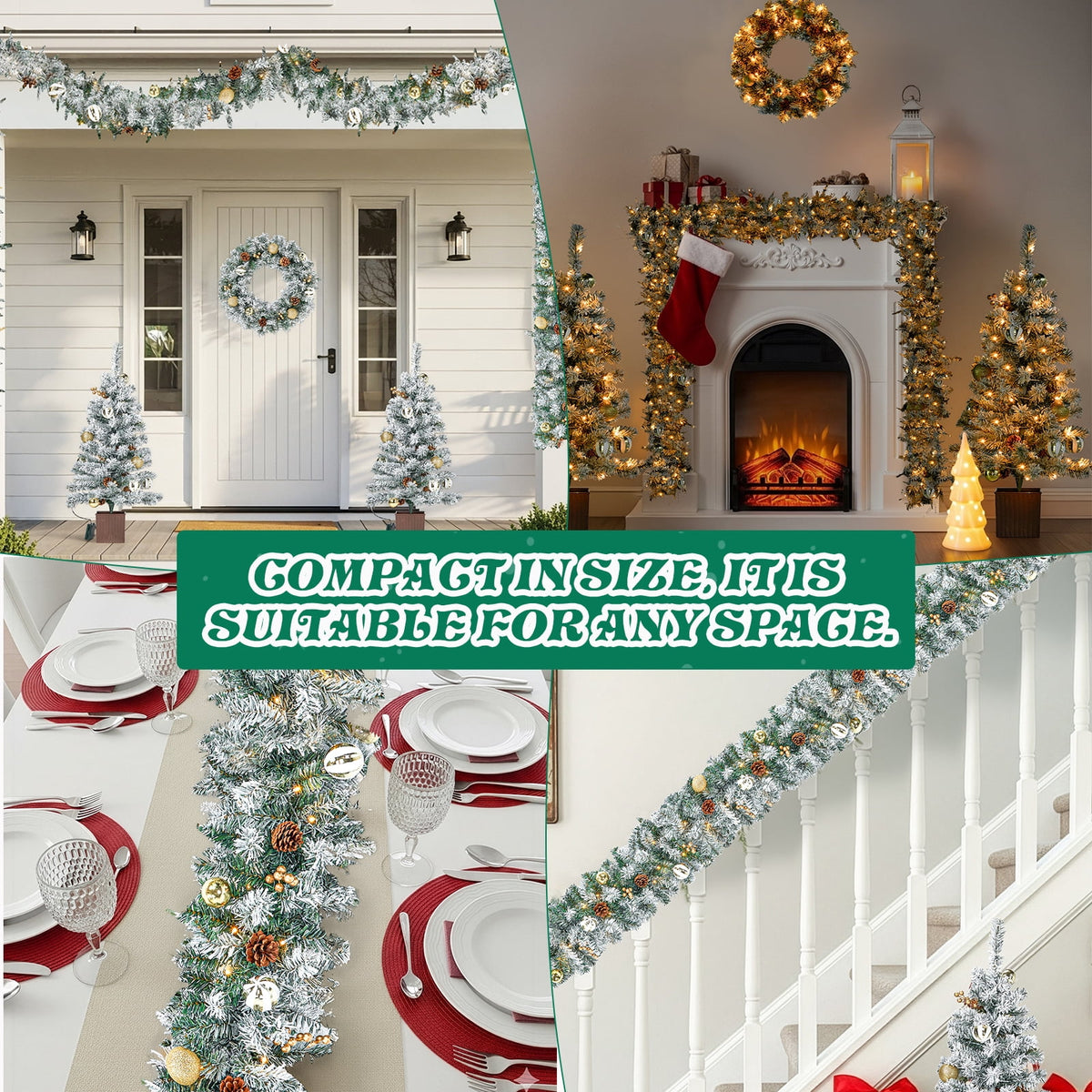 Pre-Lit Christmas Tree Decorations Set, 4 Pcs Indoor Outdoor Christmas Decorations W/ 2 Lighted Christmas Trees Wreath Garland, Artificial Christmas Xmas Decorations with 10 Light Modes, Dark Green