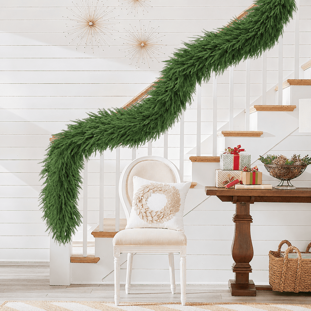 2Pcs 9FT Real Touch PE Christmas Garland, Artificial Norfolk Pine Garland for Mantel, Stair Railing, Christmas Tree, Xmas Decoration for Indoor & Outdoor, Green
