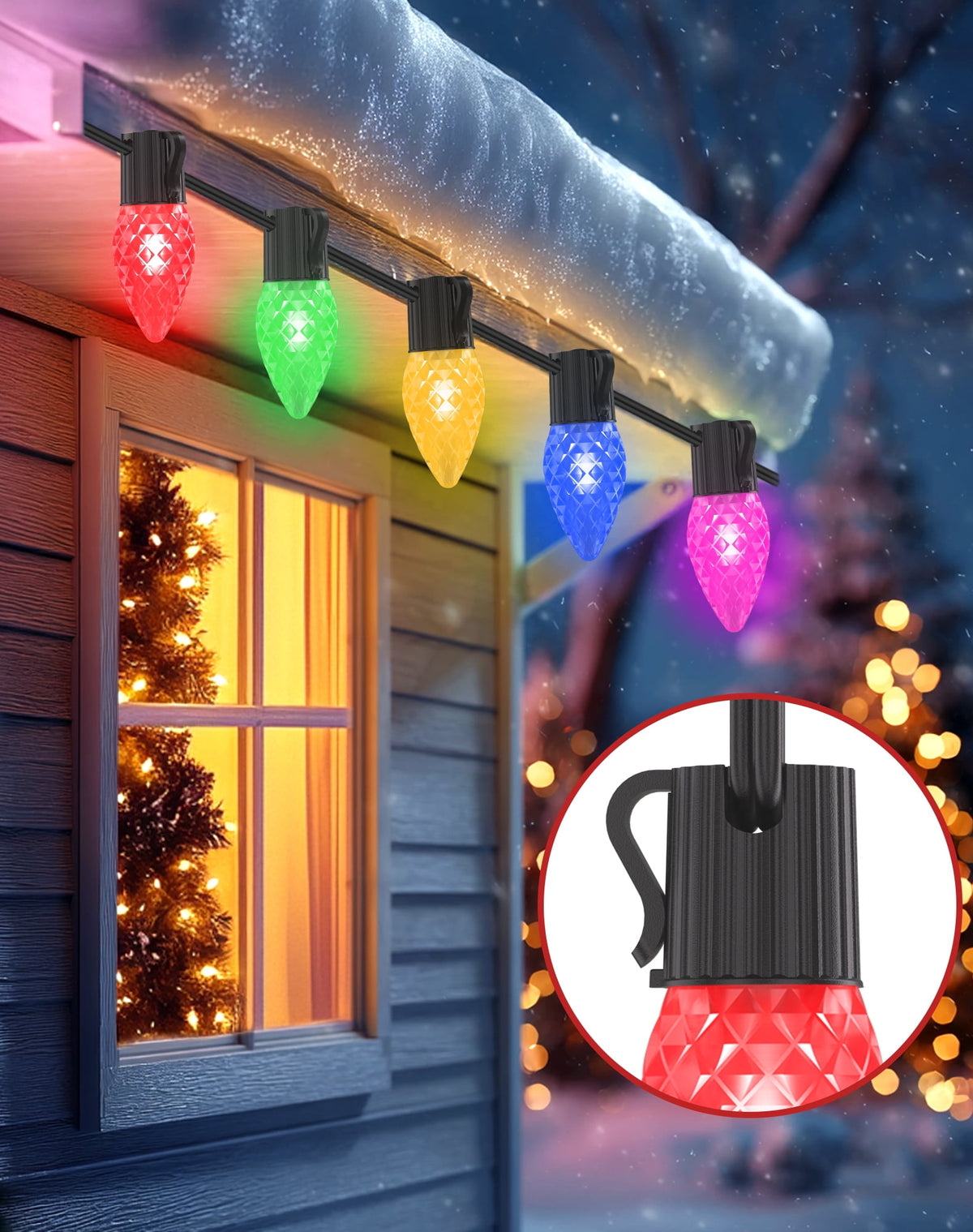 2 IN 1 Solar Christmas Lights C9 LED 33FT 25 LED with Ground Stakes Hanging Design Warm White Multicolor 8 Modes Waterproof for Garden Walkway Patio Christmas Decor