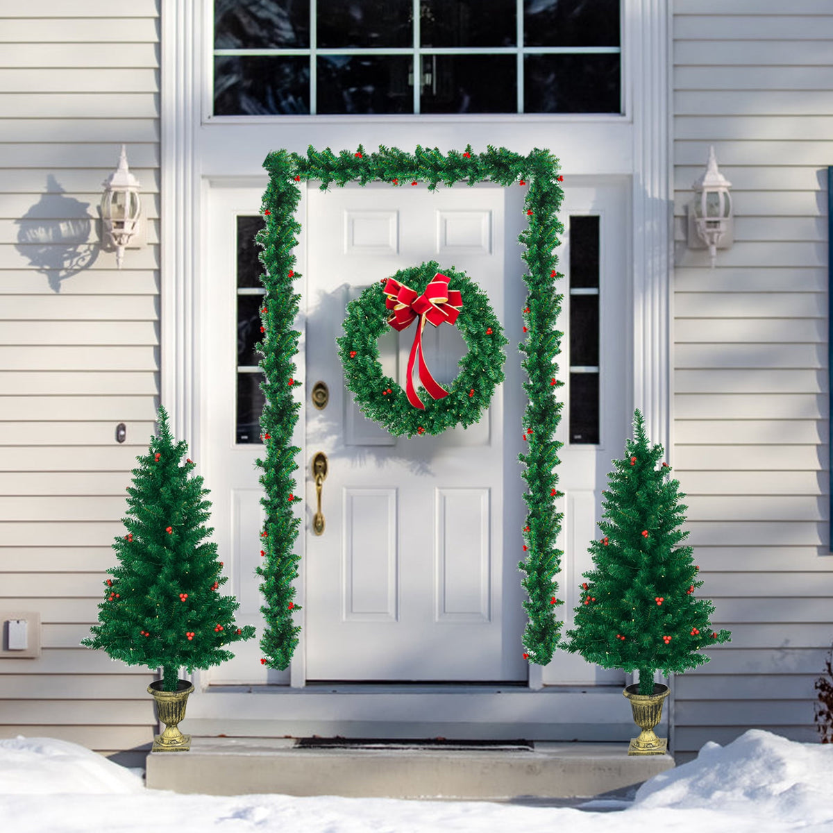 Gymax 4PCS Pre-Lit Artificial Christmas Decoration Set Holiday Decor w/ LED Lights