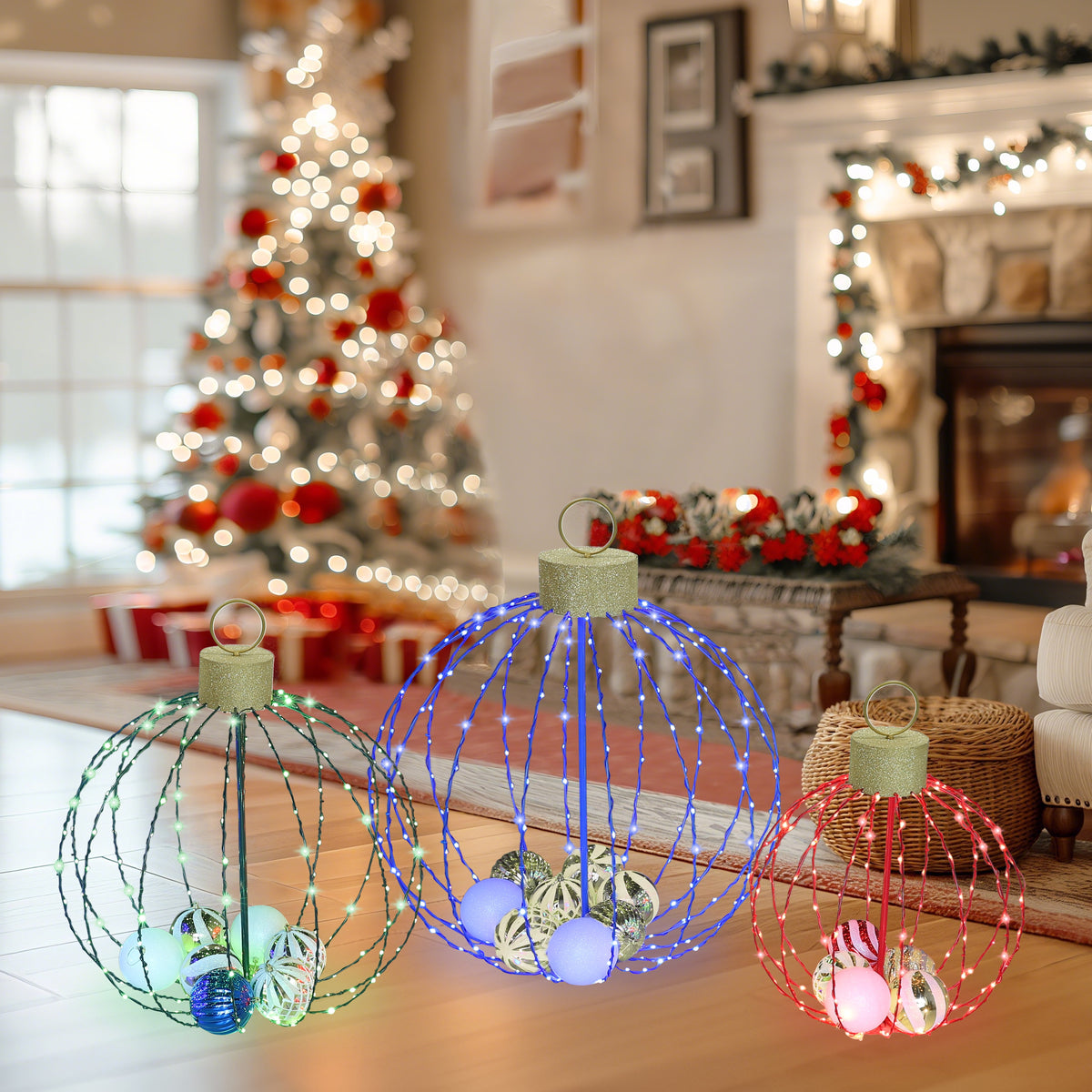 VEIKOUS 3 Pcs Christmas Metal Sphere Lights W/20 Mini Balls Ornament Inside for Holiday Decoration
