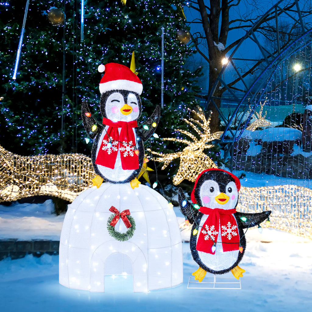 Costway Lighted Christmas Decoration Penguins Igloo 170 White LED Lights for Home Lawn