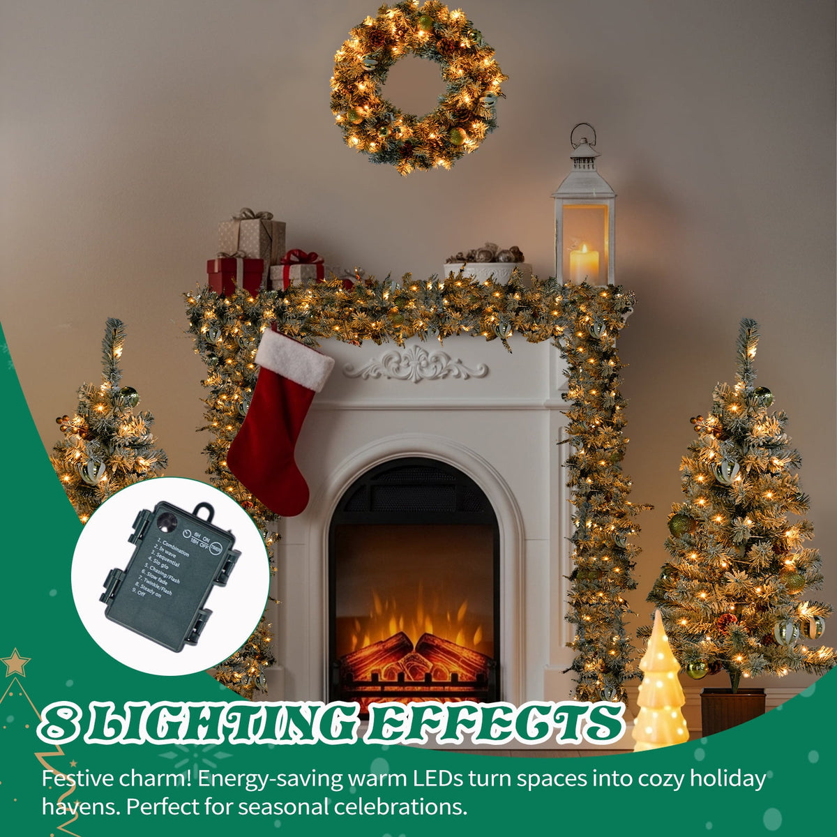 Pre-Lit Christmas Tree Decorations Set, 4 Pcs Indoor Outdoor Christmas Decorations W/ 2 Lighted Christmas Trees Wreath Garland, Artificial Christmas Xmas Decorations with 10 Light Modes, Dark Green