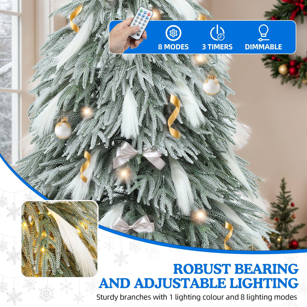 Dextrus 6ft Pre-Lit Flocked Natural Drooping Pampas Christmas Tree with 30 Feathers,Holiday Decoration Christmas Tree with 355 Branch Tips and 400 Lights, for Home, Office, and Party Decor