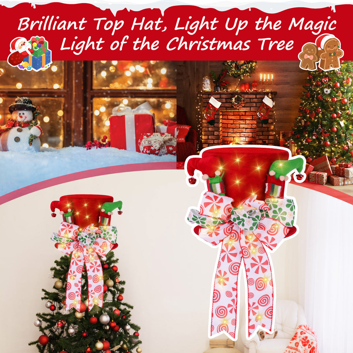 Christmas Tree Decoration Hat, Big Red Hat Decoration Hat, Family Christmas Holiday Winter Decoration With Lights