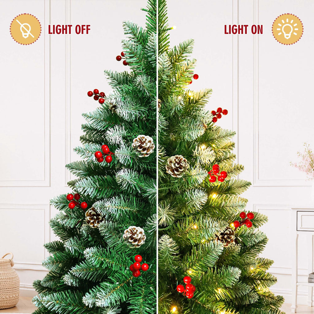 Yexmas 7.5FT Pre-Lit Christmas Tree with Pinecones and Red Berries,Artificial Green Xmas Tree with Large Storage Bag for Home, Office, Party Decoration
