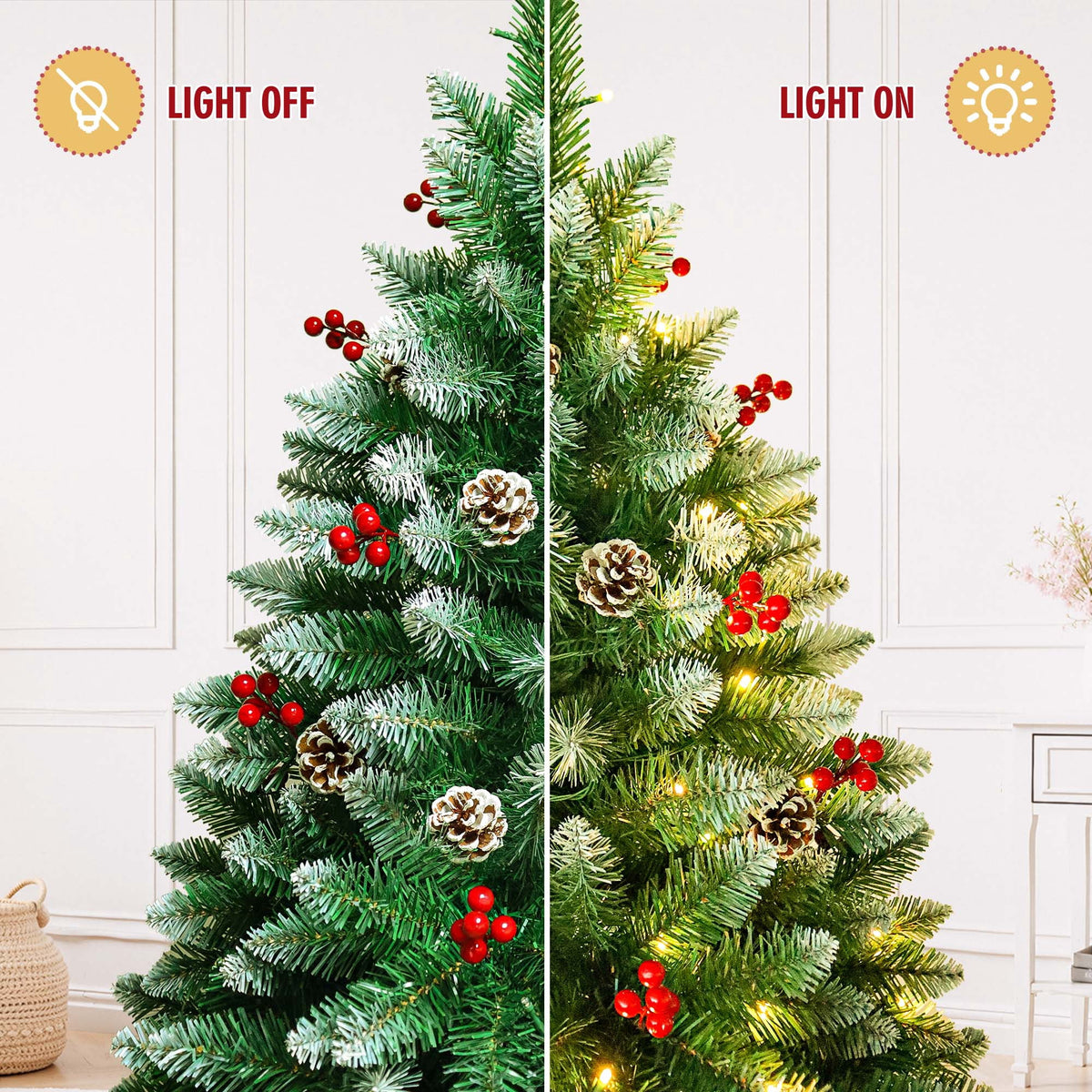 Yexmas 7.5FT Pre-Lit Christmas Tree with Pinecones and Red Berries,Artificial Green Xmas Tree with Large Storage Bag for Home, Office, Party Decoration