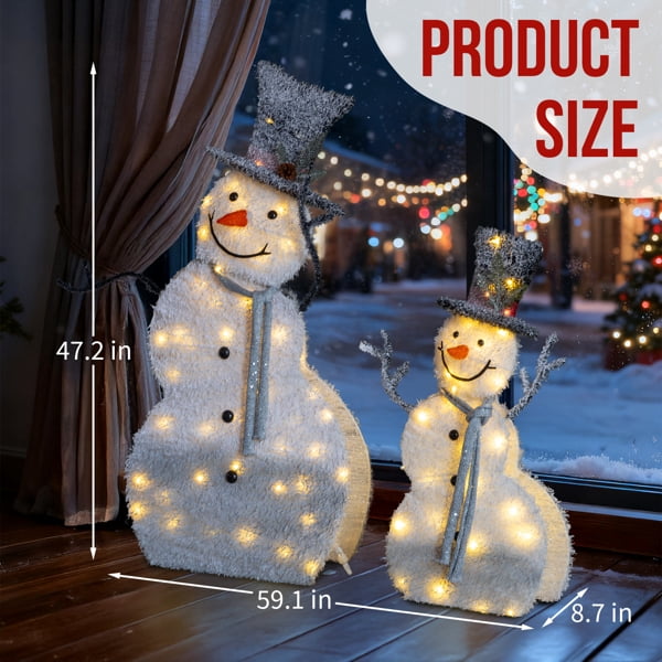 2-Pack Lighted Snowman Christmas Decorations, 80 Warm White LEDs, Sparkling Tinsel Fabric, Collapsible for Indoor or Outdoor Use