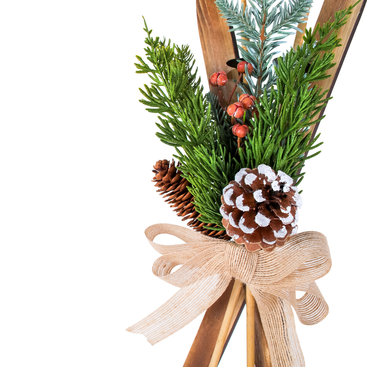National Tree Company Christmas Wall Decoration, Brown, Wooden, Holiday Skis, Red Berries, Evergreen Tips, Pine Cones with Linen Bow, 17 Inch