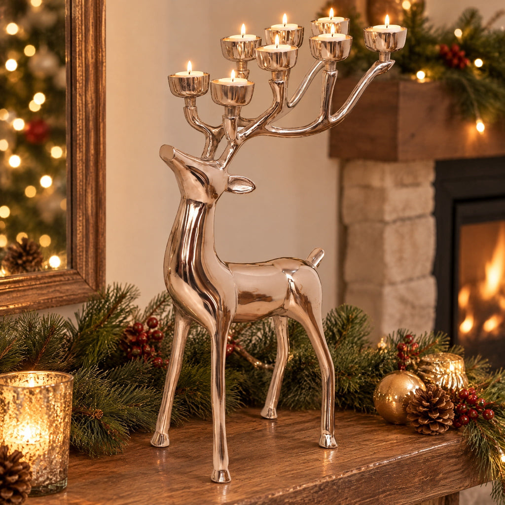  Aluminum Standing Reindeer with 8 Tealight Candle Holders Christmas Decoration, Silver, 20"