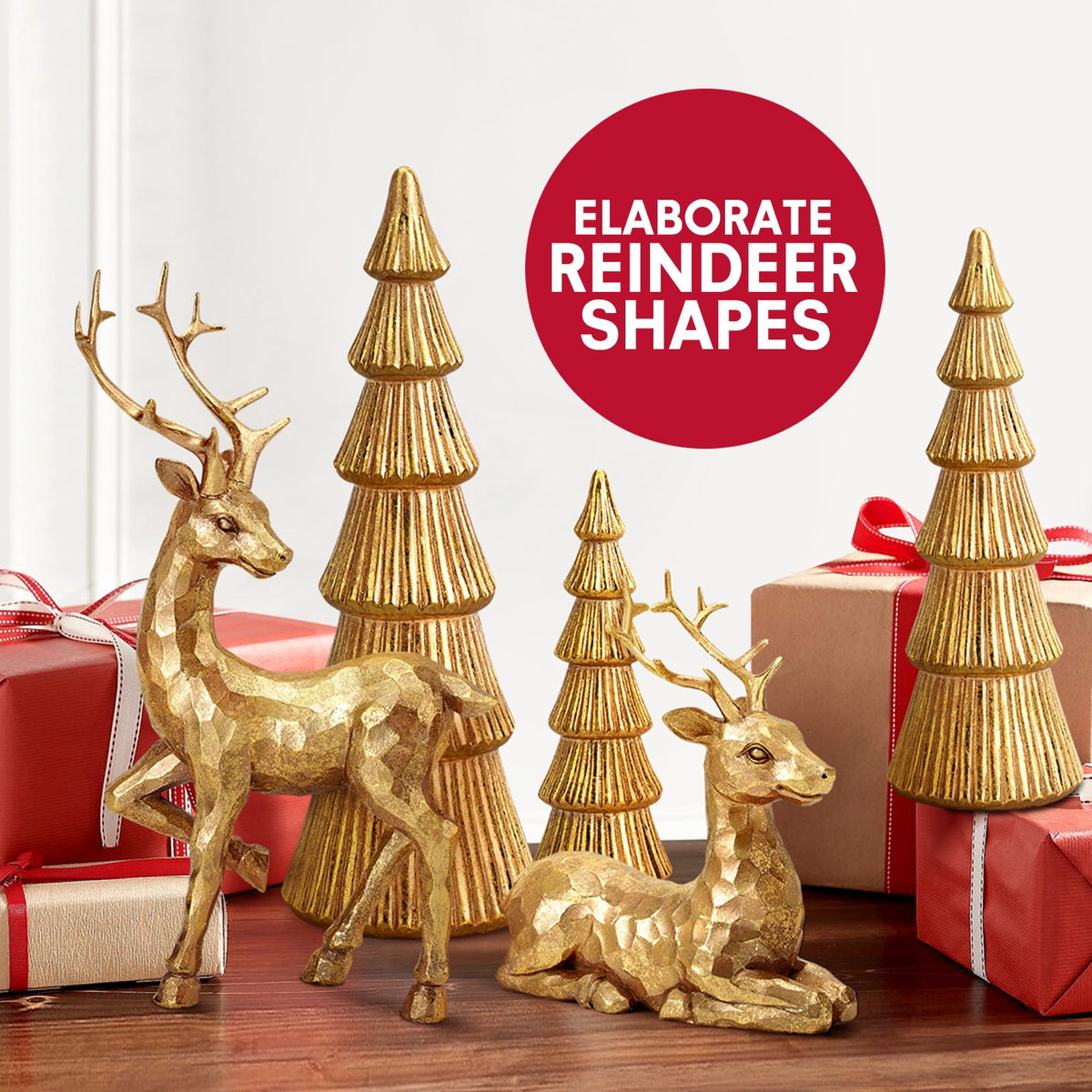  5PCS Tree and Reindeer Decoration, Christmas Tree Reindeer Figurines, Christmas Decortion Indoor (Rose Gold)