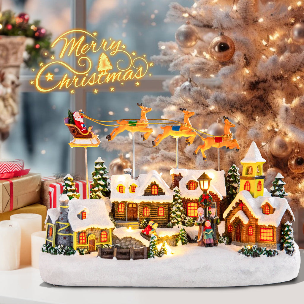Christmas Village Decor with Rotating Santa & Reindeer,LED Lighting House Crafts Decoration for Home Holiday Christmas Decoration