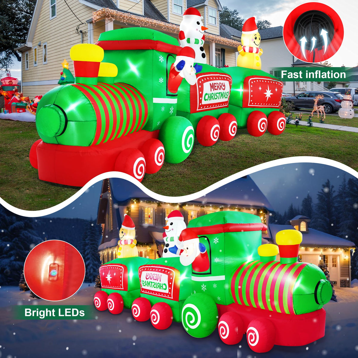 Yexmas 12FT Christmas Inflatable Train, Blow up Yard Decor Built-in LED Lights with Santa Snowman Gingerbread Man for Holiday Christmas Party Yard Garden and Lawn