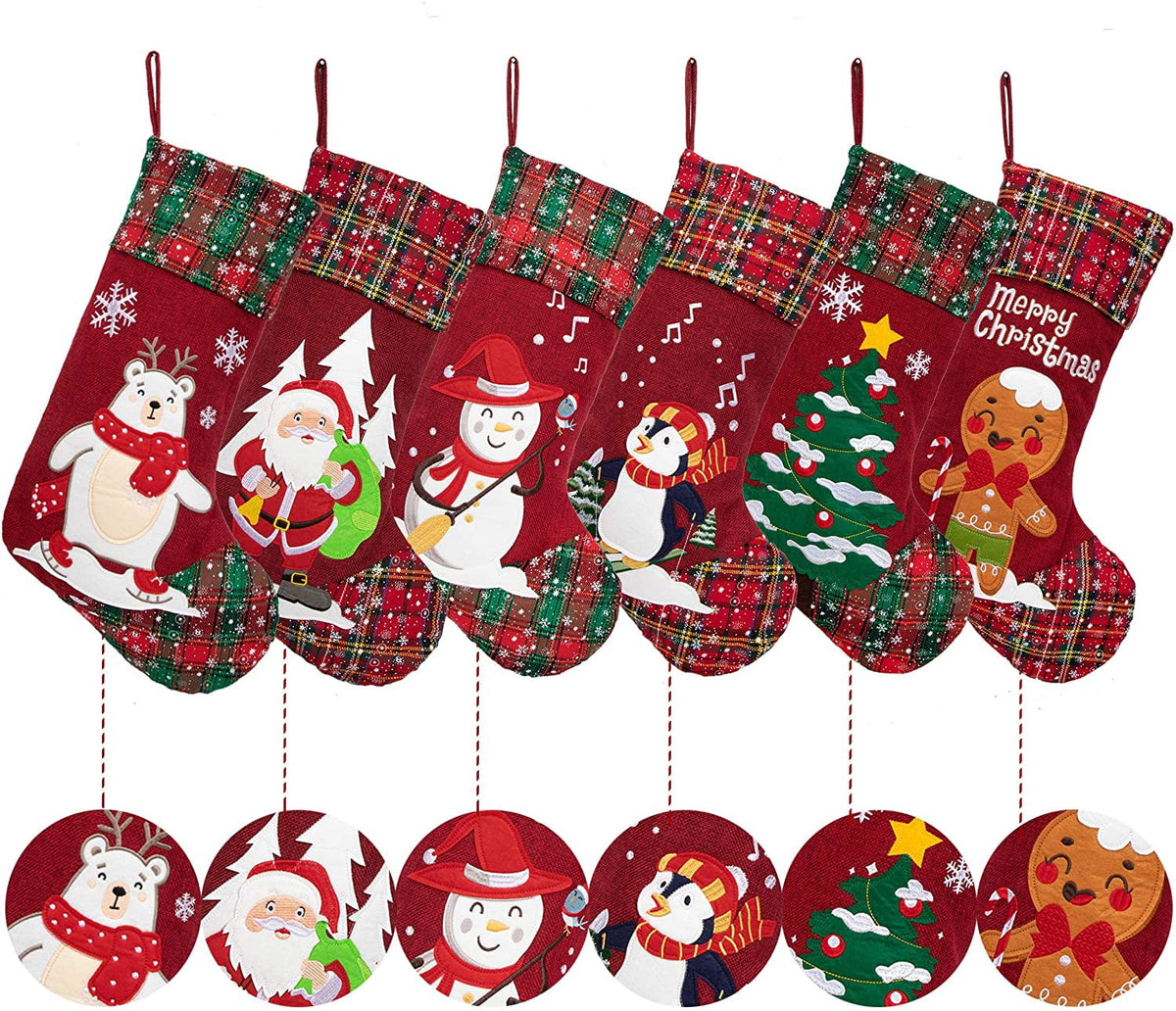 Christmas Stockings GEX 21" 2025 Embroidered Linen Applique Burlap Fireplace Hanging Christmas Ornament for Family Decorations Holiday Xmas Gift New 6 Pack
