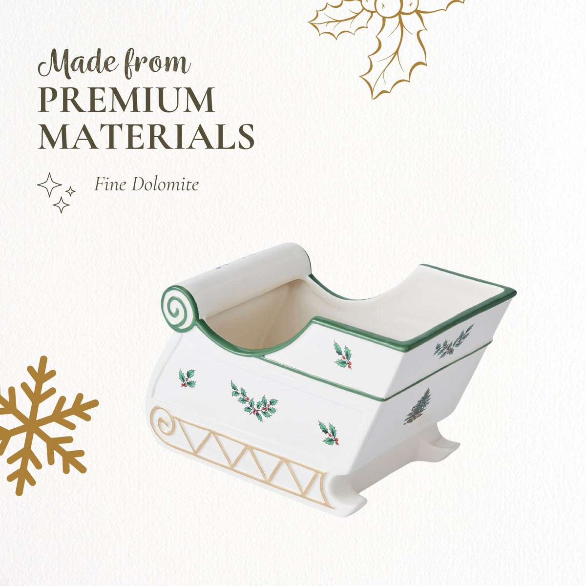 Spode Christmas Tree Figural Sleigh, 7.5" Dolomite Decorative Holiday Sleigh for Christmas Table Decor, Candy Holder, Snack Dish - Holiday Serveware & Festive Christmas Decorations